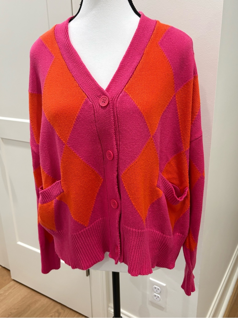 Olivaceous Pink and Orange Argyle Button-Front Cardigan